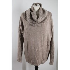 Garnet Hill L Taupe Brown Cashmere Cowl Neck Sweater Pointelle Knit 41698